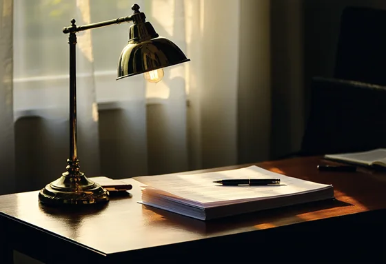Mesa de trabalho com luminária acesa sobre documentos e caneta.
